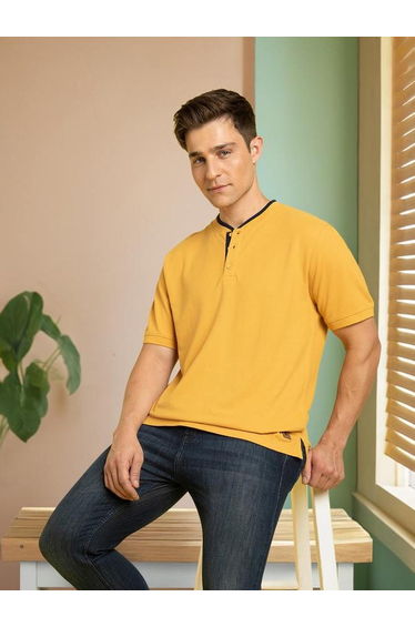 Men Mustard Henley Neck T-Shirt
