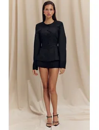 Black Woven Cinched Waist Cocoon Sleeve Button Up Blazer - 1