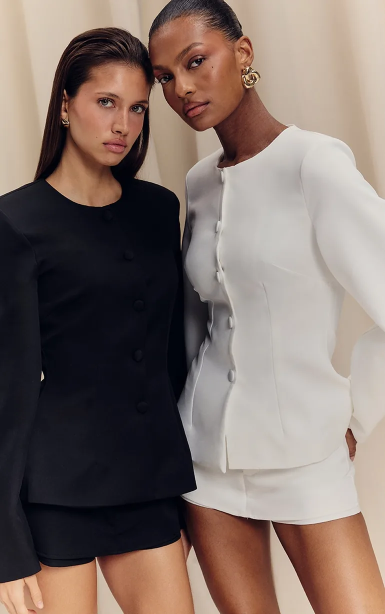 Black Woven Cinched Waist Cocoon Sleeve Button Up Blazer - 2