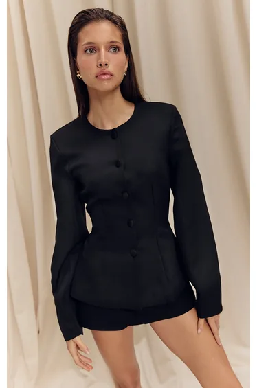 Black Woven Cinched Waist Cocoon Sleeve Button Up Blazer