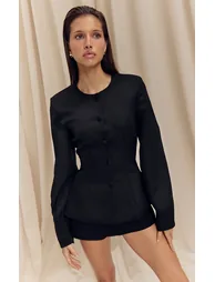 Black Woven Cinched Waist Cocoon Sleeve Button Up Blazer