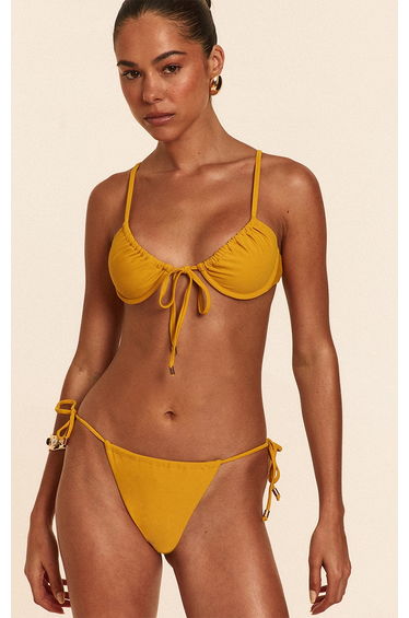 Mustard Ruched Front Tie Side Bikini Bottoms