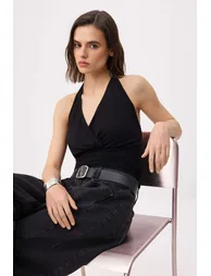 Black Fitted/Bodycon Halter Neck Sleeveless Soft Knitted Blouse - 1