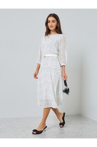 Women White Polka Dot Print A-Line Midi Dress