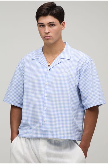Oversized Boxy Gingham Marche Print Half Sleeve Shirt - blue
