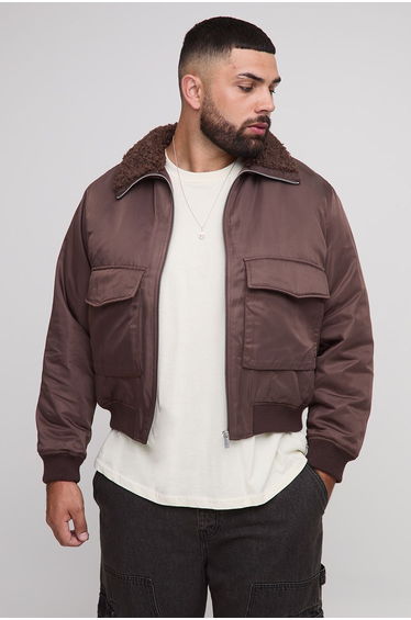 Plus Regular Fit Boucle Borg Collar Nylon Bomber Jacket - chocolate