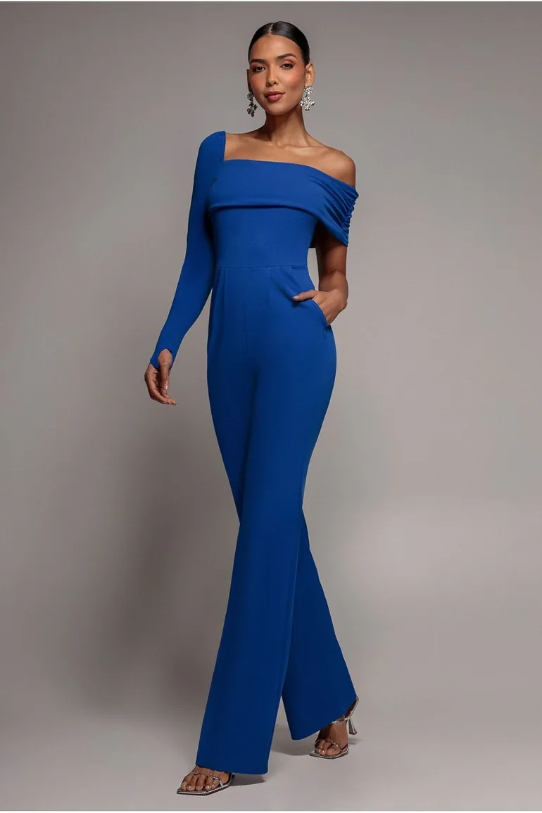 Goddiva One Shoulder Scuba Jumpsuit - Royal Blue