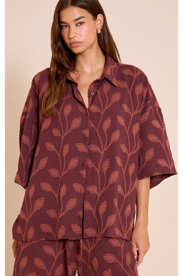 Plum Embroidered Floral Oversized Short Sleeve Shirt