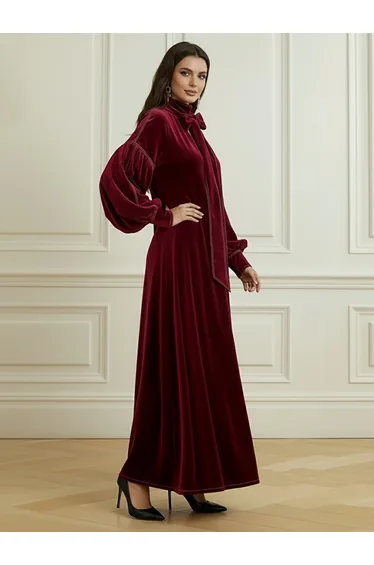 A-Line Long Sleeves Bow-Embellished Pleated Solid Color Split-Joint High Neck Maxi Dresses