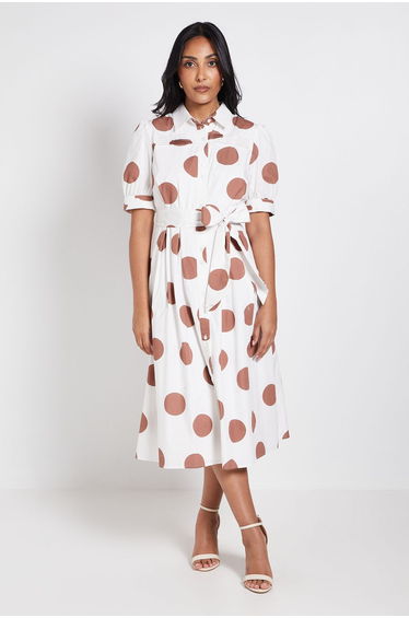 Petite Polka Dot Print Pintuck Midi Shirt Dress
