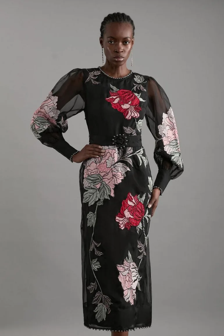 knee length dresses for ladies Karen Millen Organdie Applique Midi Dress main image 1