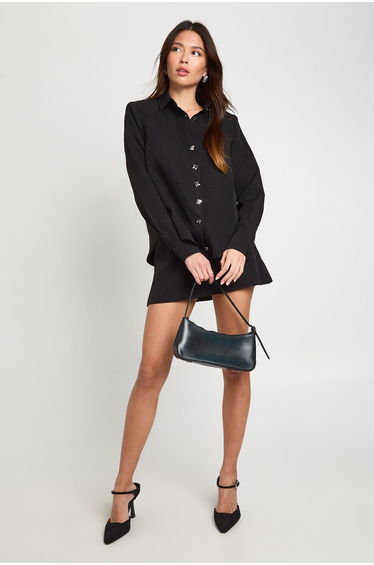 Silver Button Woven Shoulder Pad Shirt - black