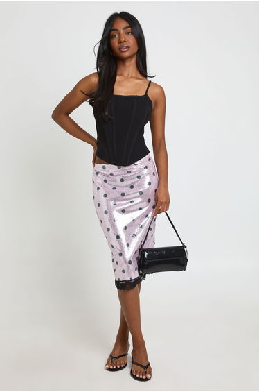 Polka Dot Printed Sequin Midi Skirt - pink