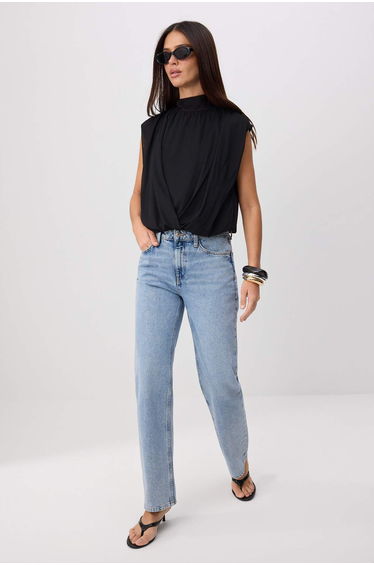 Black Regular/Normal Fit Mock Neck Sleeveless Ruched Tulle Knitted Blouse