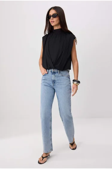 Black Regular/Normal Fit Mock Neck Sleeveless Ruched Tulle Knitted Blouse