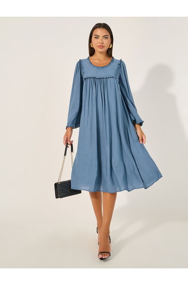 Plain Long Sleeves Shift Midi Dress with Ruffle Trim