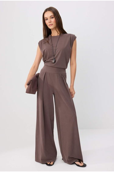 Brown Low Sleeve Wide Leg Soft Premium Lyocell Content Knitted Bottom - Top