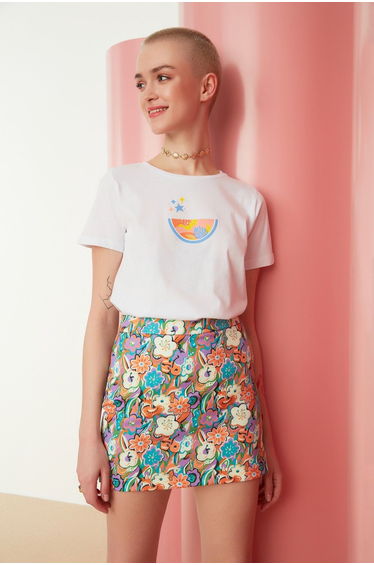 Column Mini Skirt with Floral Prints