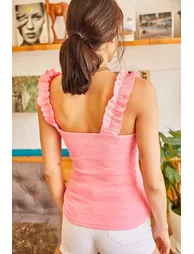 Women's Neon Fuchsia Strap Frilly Lycra Camisole Blouse - 3