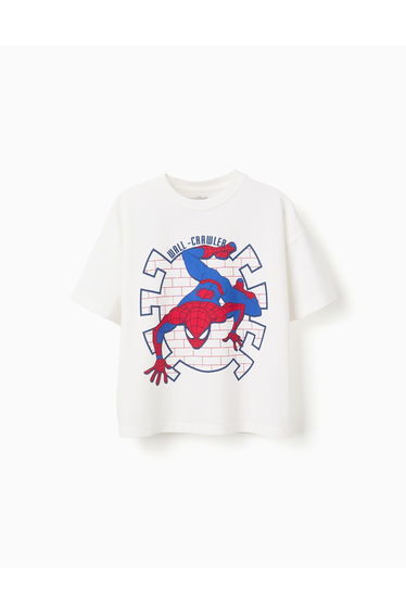 Cotton T-Shirt With Spider-Man Front Print For Boys, White