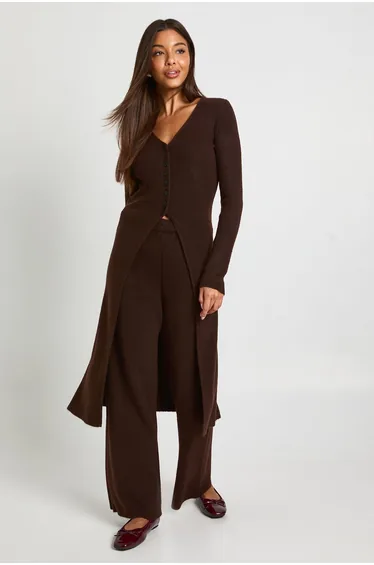 Longline Button Cardigan and Wide Leg Trouser Co-Ord - chocolate