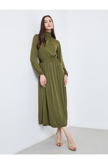Khaki Balloon Sleeve A-Line Midi Dress