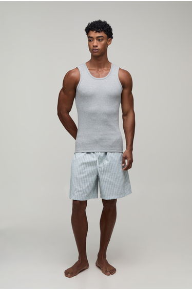 Ribbed Muscle Fit Vest & Baggy Lounge Short Set - grey marl