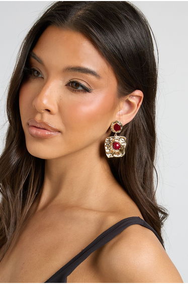 Statement Red Stone Hammered Drop Earrings - gold