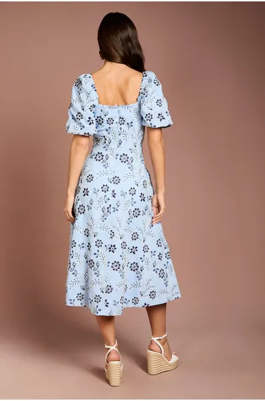 Embroidered Cotton Puff Sleeve Midi Dress