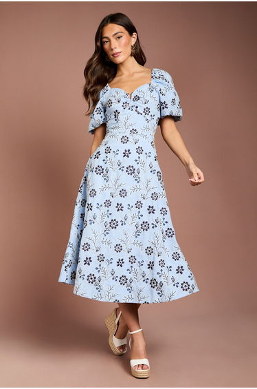 Embroidered Cotton Puff Sleeve Midi Dress
