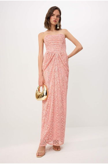 Powder Textured Knitted Lace Maxi Evening Dress & Graduation Dress