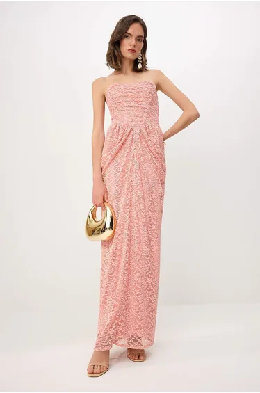 Powder Textured Knitted Lace Maxi Evening Dress & Graduation Dress