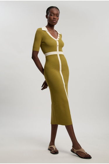 Knit Rib With Contrast Waist Detail Collared Short Sleeve Midi Dress