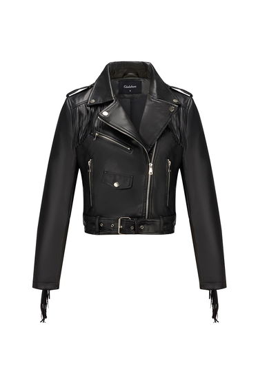 Black Fringe Cropped Biker Jacket