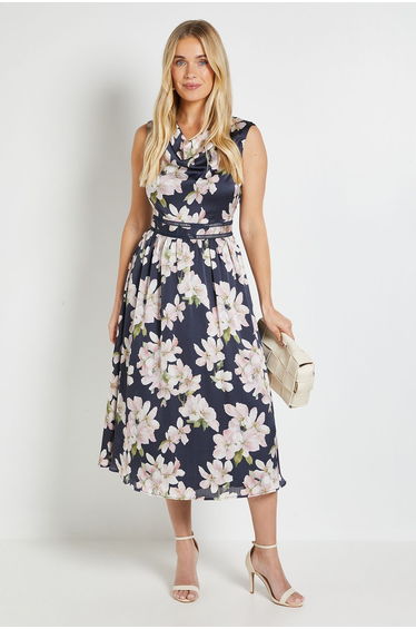 PETITE CREPE COWL PLEATED MIDI DRESS