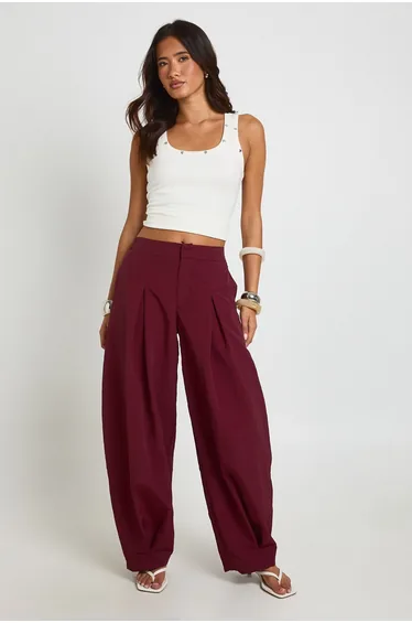 Nylon Pleat Front Barrel Trousers - plum