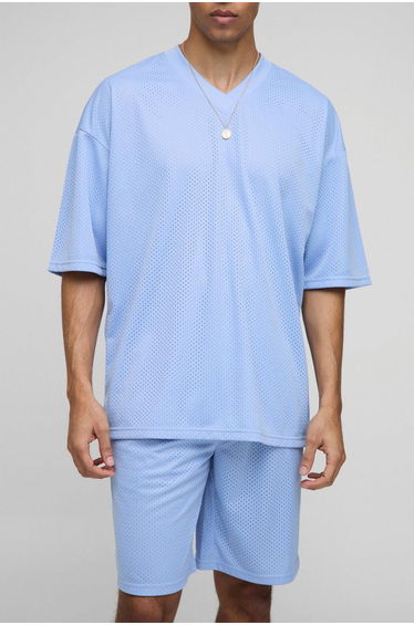 Oversized Mesh V Neck Sports Top & Short Set