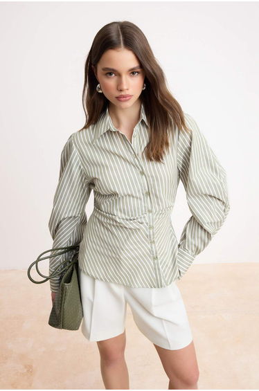 Green-Multicolor Balloon Sleeve Detailed Asymmetrical Fitted Shirt