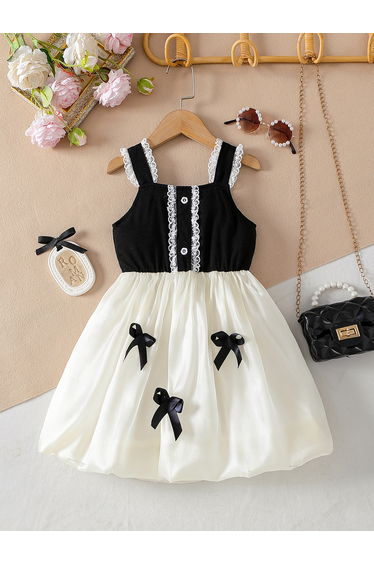 Color Block Lace Trim Cami Dress with Bow Detail
