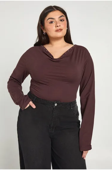 Plus Stud Detail Cowl Neck Long Sleeve Top - chocolate