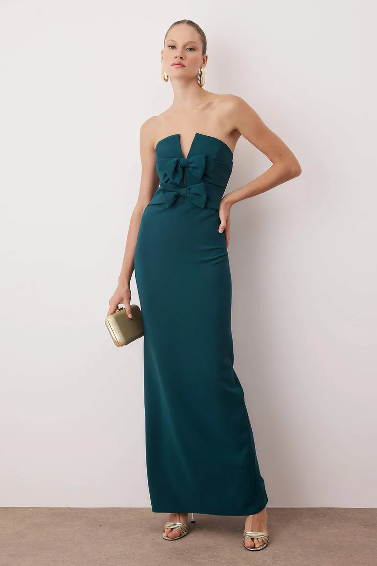 Petrol Straight Fish Bow Woven Finike Maxi Evening Dress & Graduation Dress