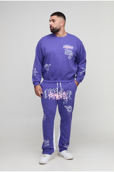 Plus Oversized Boxy Renaissance Print Sweatshirt& Slim Gusset Jogger Tracksuit - purple