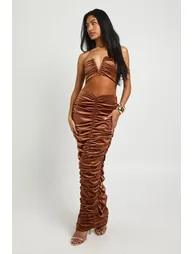 Velvet Mesh Plunge Ruched Maxi Dress - chocolate - 2