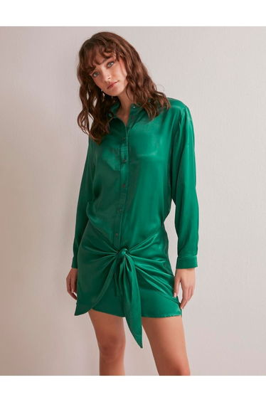 Green Satin Column Mini Shirt Dress with Long Sleeves