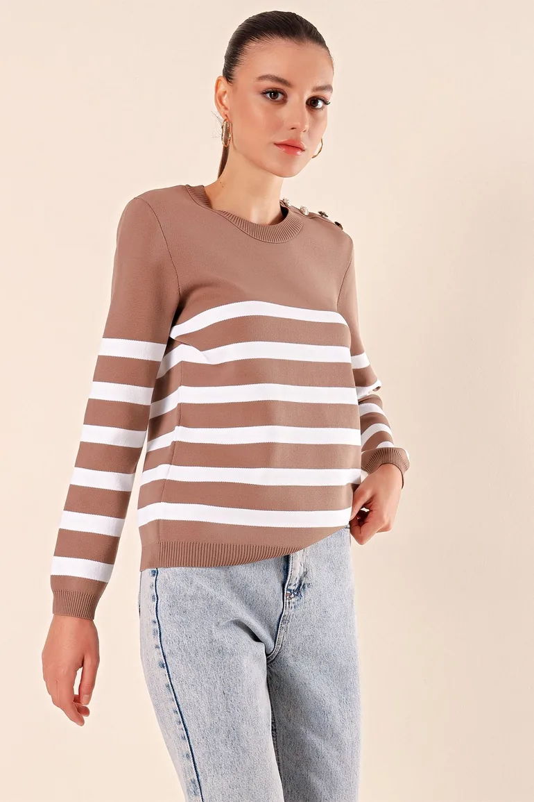 15820 Button Detail Striped Sweater - Pale Pink - 4