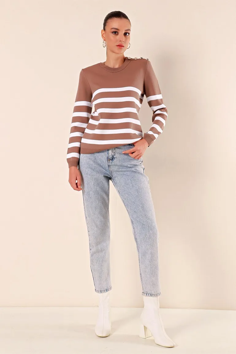 15820 Button Detail Striped Sweater - Pale Pink
