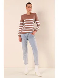 15820 Button Detail Striped Sweater - Pale Pink