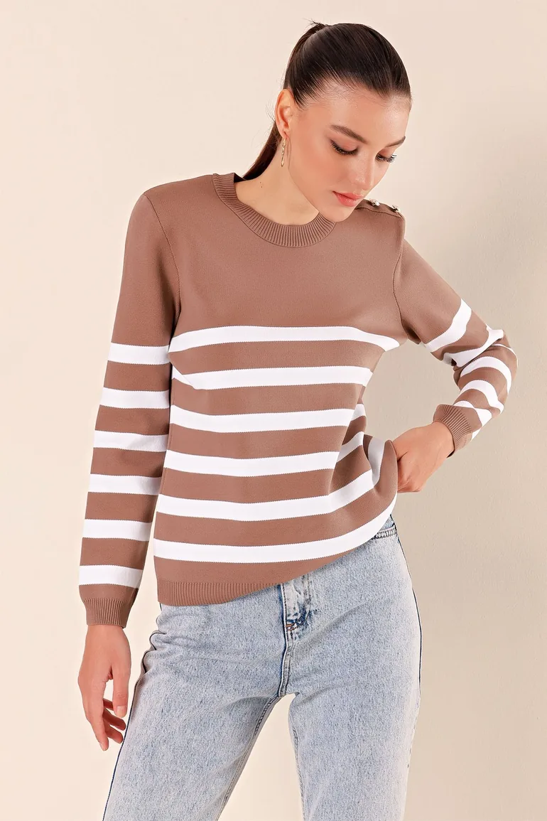 15820 Button Detail Striped Sweater - Pale Pink - 3