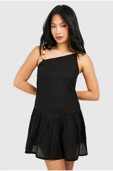 Petite Beaded Linen Mini Dress - black