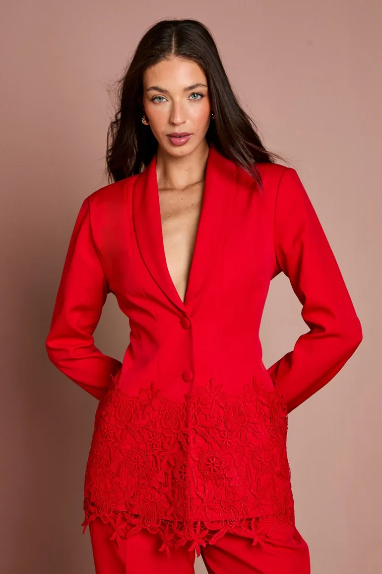 Single Breasted Lace Trim Fitted Blazer - 1